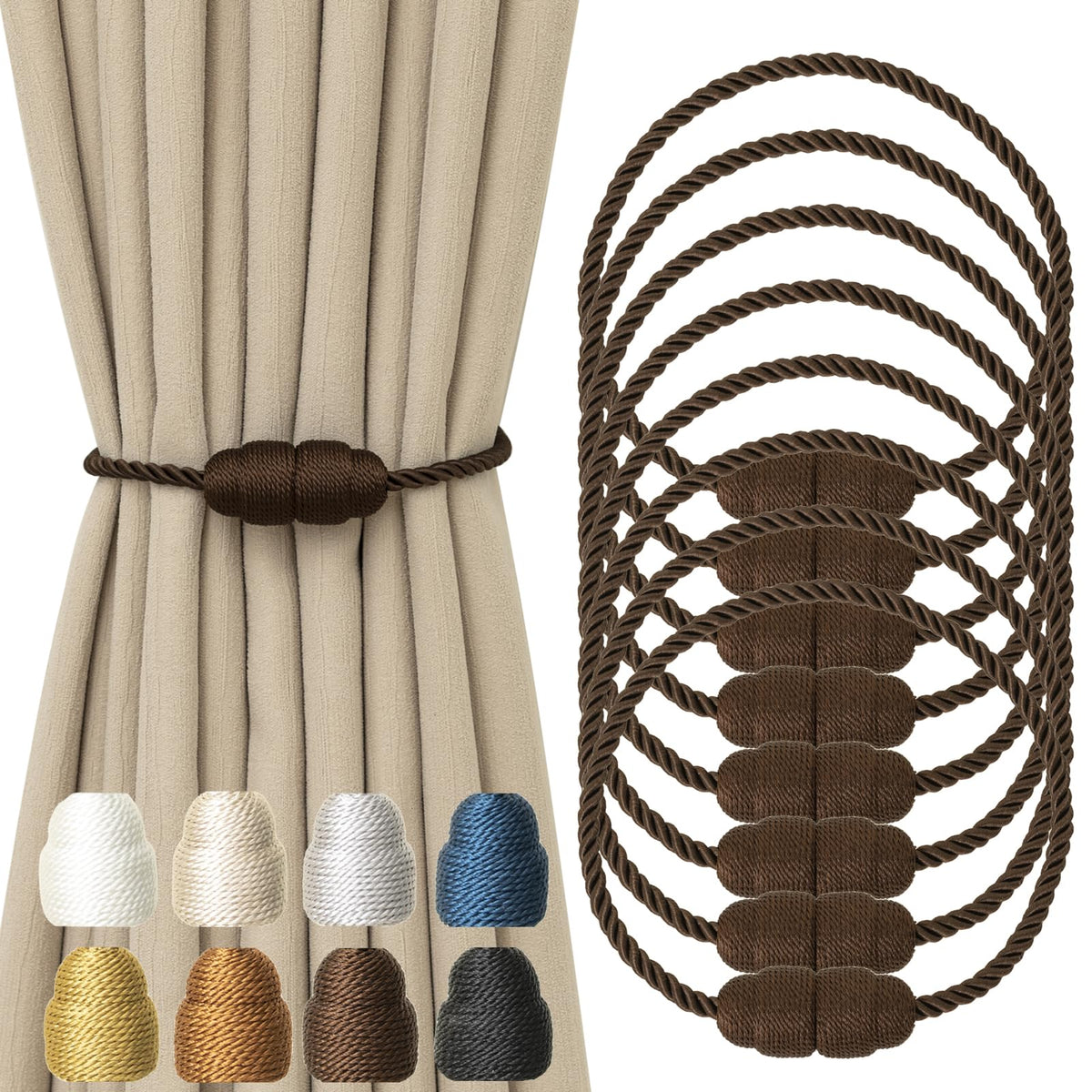 Magnetic Curtain Tiebacks Rope Curtain Tie Backs for Curtains 8 Pack Curtain Holders for Drapes Decorative Window Curtain Holdbacks (8 Count)
