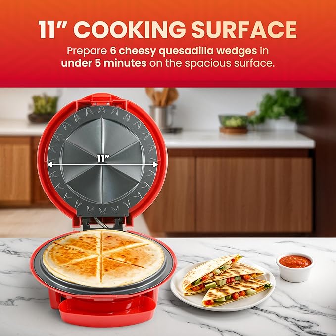 Elite Gourmet EQD-118 Electric Non-Stick 11" Quesadilla Maker, Easy-Slice 6-Wedge, Grilled Cheese Corn Flour Tortilla Snacks, Red
