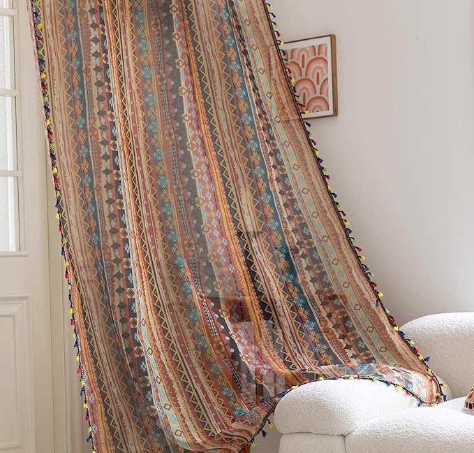 Red Geometric Sheer Curtains 72 inch Long, Fringed Edges and Textured Semi Sheer Curtains Large Window Treatments for Living Room/Bedroom, 2 Panels