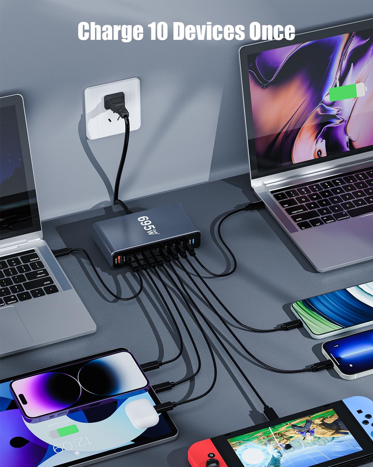 695W USB C Charger Block,10-Port USB C Charging Station GaN IV Travel Essentials Multiple Port Charging Station,140W Laptop Fast Charger Adapter for MacBook Pro/Air,DELL,iPad,iPhone,Samsung Galaxy