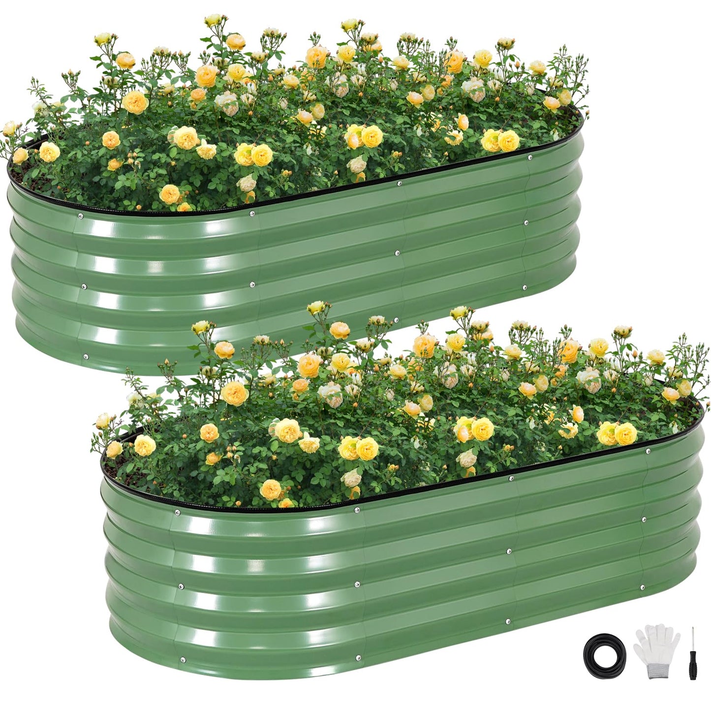 STBoo Galvanized Raised Garden Bed Outdoor, 2Pcs 4x2x1ft Oval Planter Box with Rubber Strip, Metal Raised Bed Kit for Vegetables Flowers Herbs, Olive Green