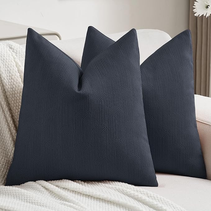 FUTEI Navy Blue Chenille Decorative Throw Pillow Covers 16x16 Inch Set of 2,Soft Cozy Striped Geometric Patterns Cushion Cases,Modern Home Decor for Couch Bed Living Room