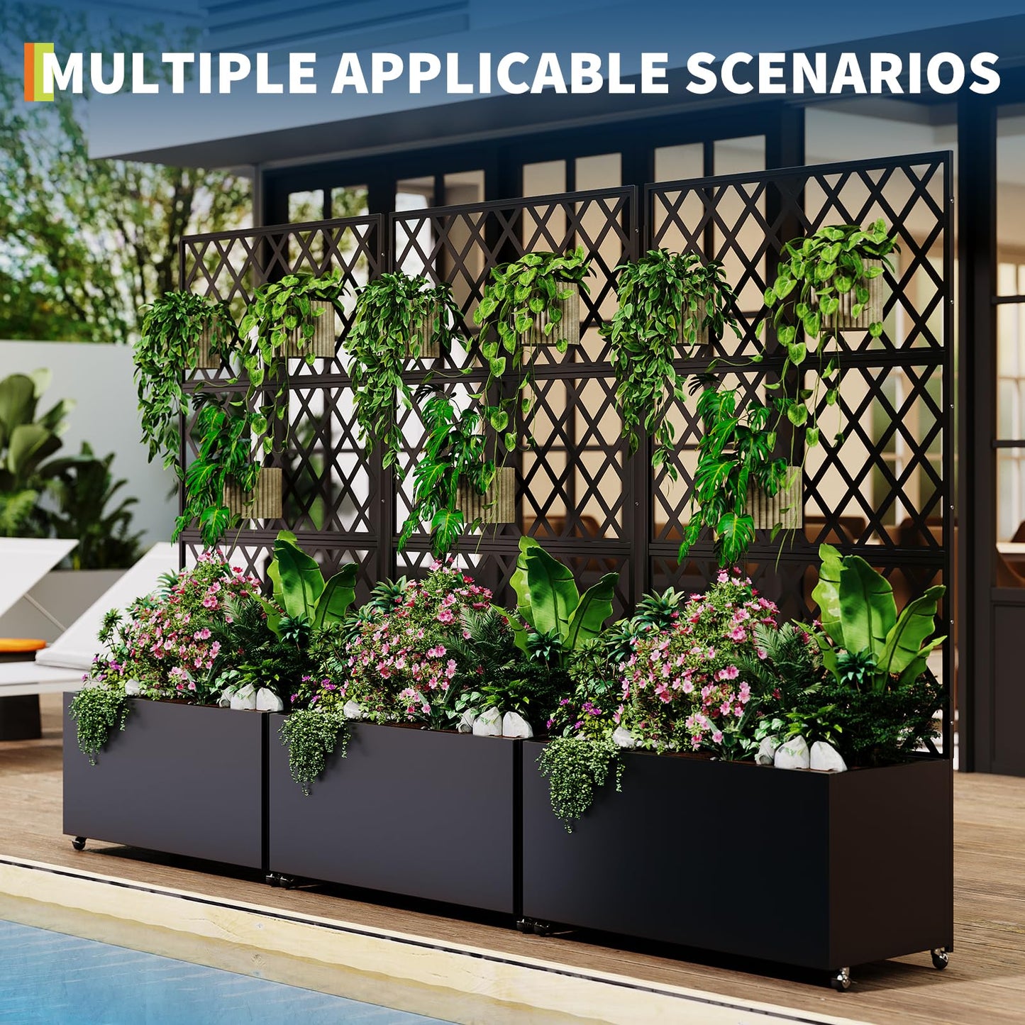 STMHOM Steel Raised Garden Bed with Trellis & Wheels, Mobile Planter Box for Climbing Plants, Privacy Screen Planter with Lockable Casters, Drainage Holes for Vegetables & Vines, 71"X46"X16"