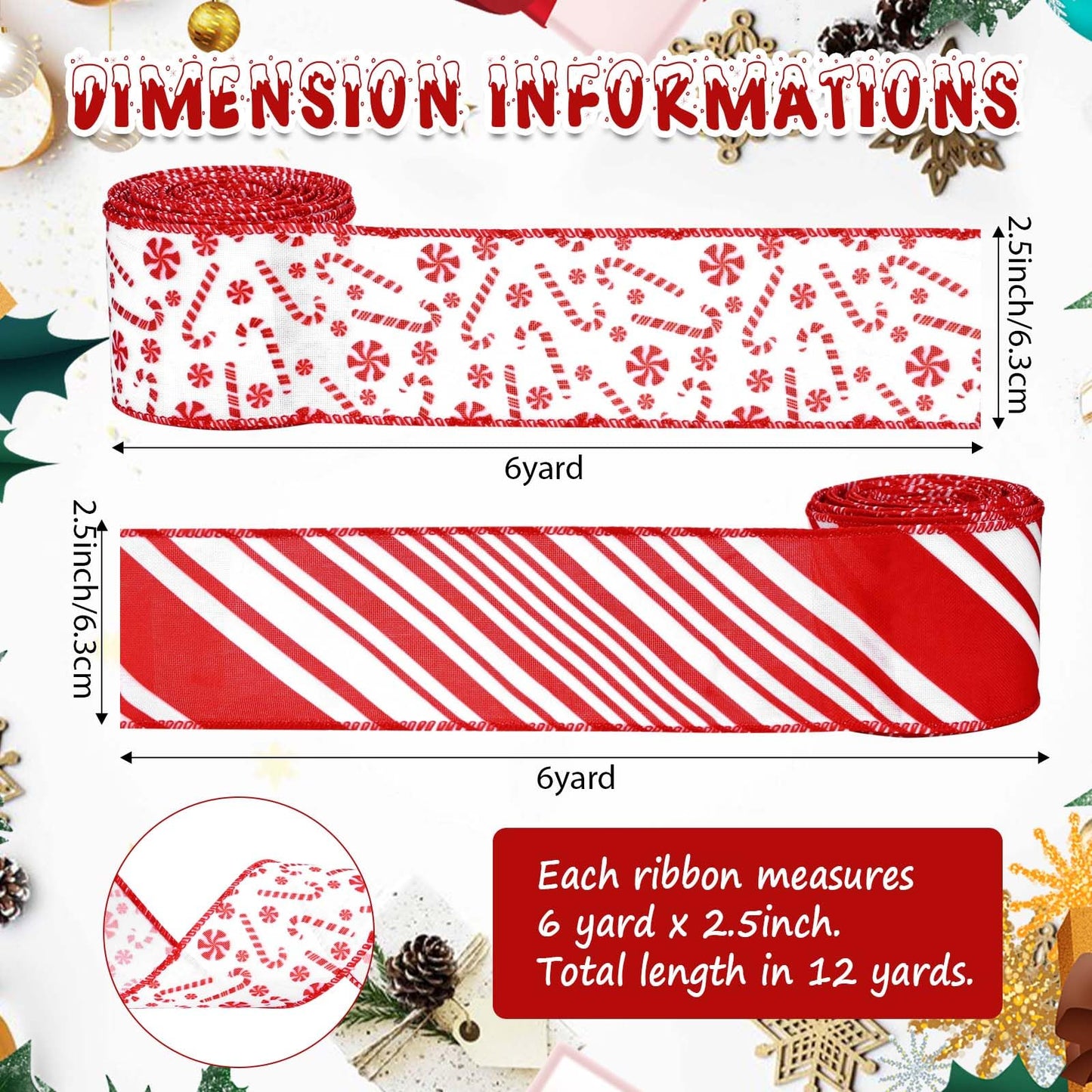 2 Rolls 12 Yards Christmas Candy Cane Wired Edge Ribbons Red White Stripes Burlap Fabric Craft Ribbons for Xmax Craft Wreath Bow Making Gift Wrapping Christmas Tree Decoration Supplies, 2.5 Inch