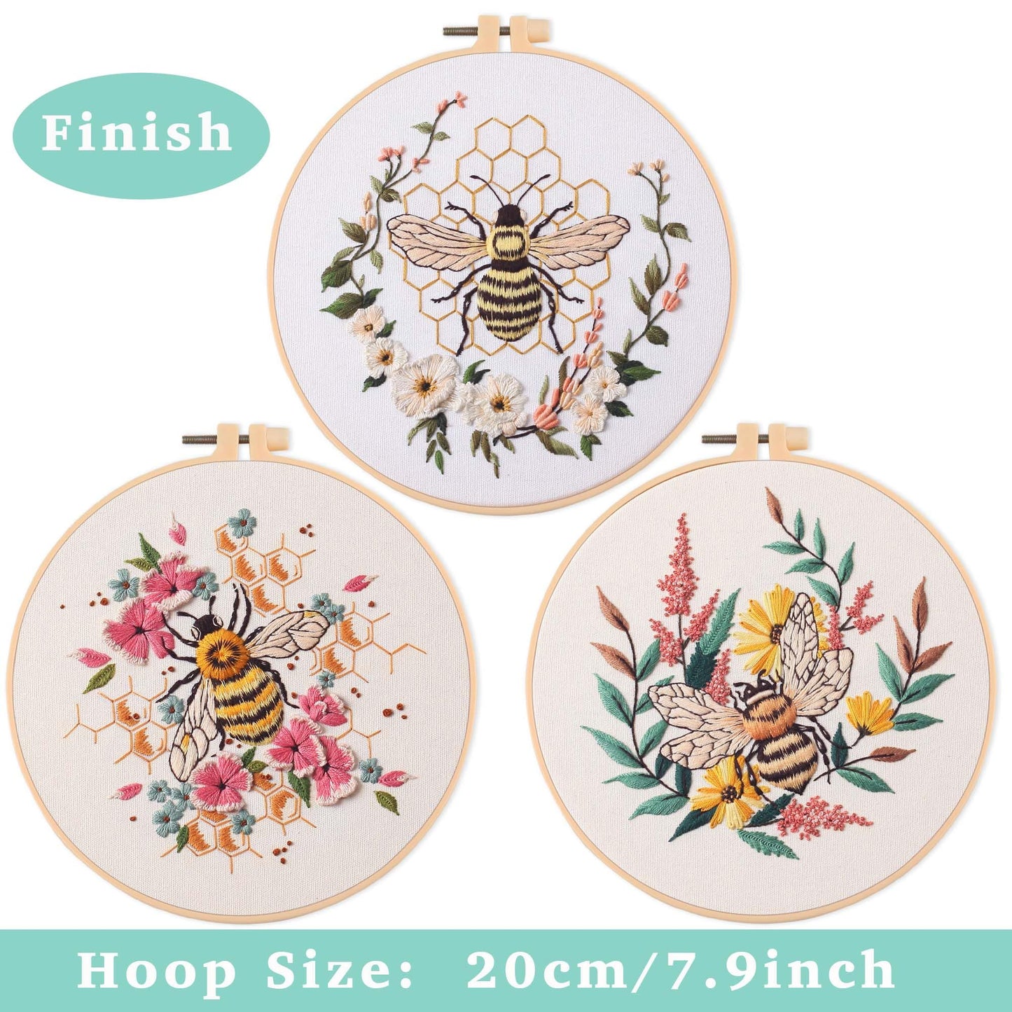 REEWISLY 3 Pack Embroidery Starter kit Patterns, DIY Adult Cross Stitch Kits Beginner, Including 3 Plastic Embroidery Rings, 1 Scissors, Colored Threads,Needles and Instructions