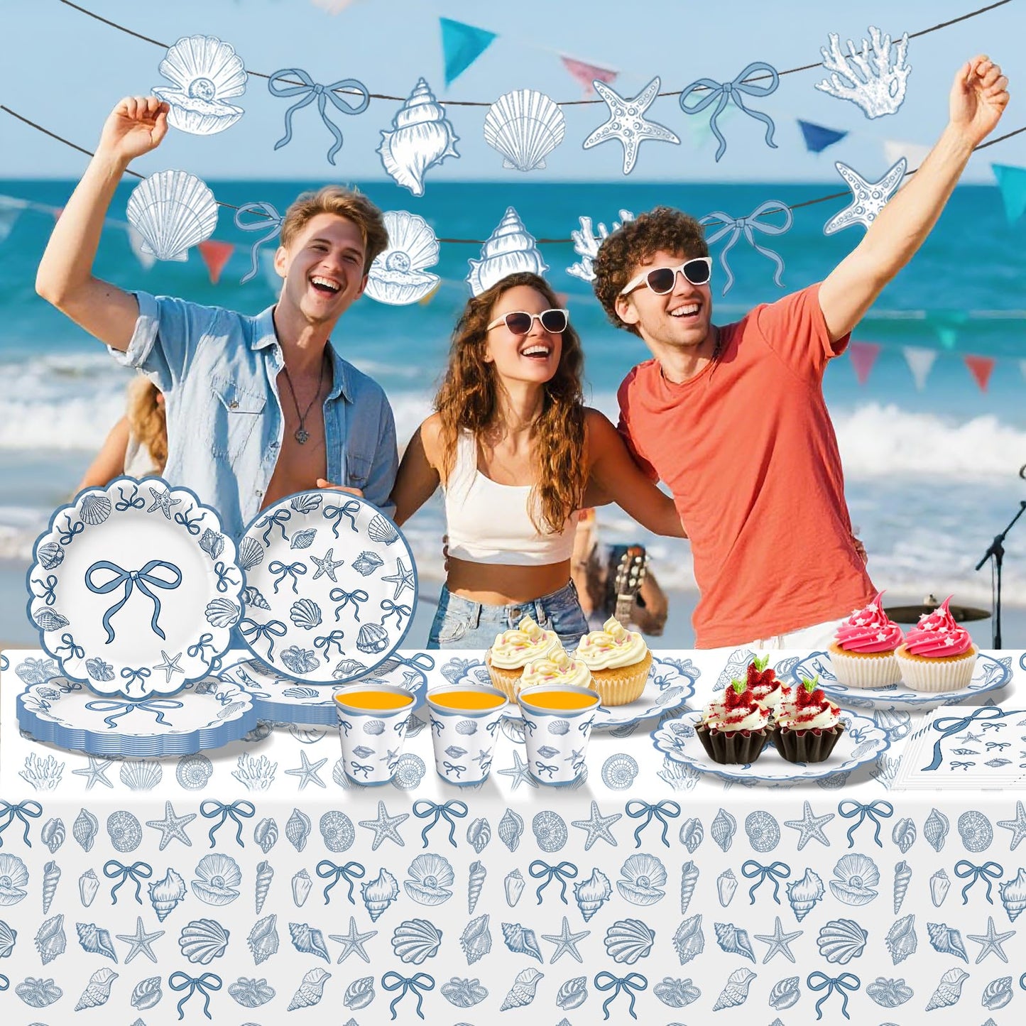 Seashell Party Decorations Ocean Sea shell Party Plates Supplies Blue Bow Seashell Paper Plates Napkins Tablecloth for The Summer I Turned Pretty Party Decorations, Serves 24