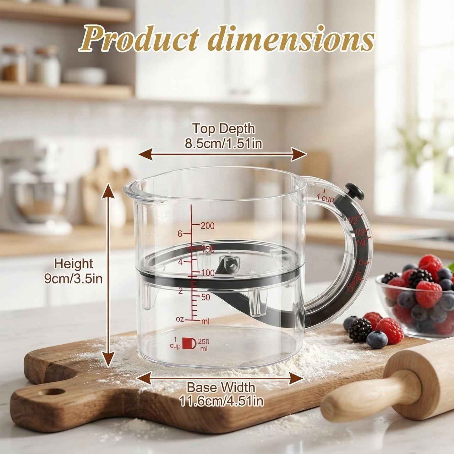 4 in1 Adjustable Measuring Cup with Self-Cleaning Scraper Base - Space-Saving Kitchen Tool for Baking, Cooking & Meal Prep (1/4 to 1 Cup)