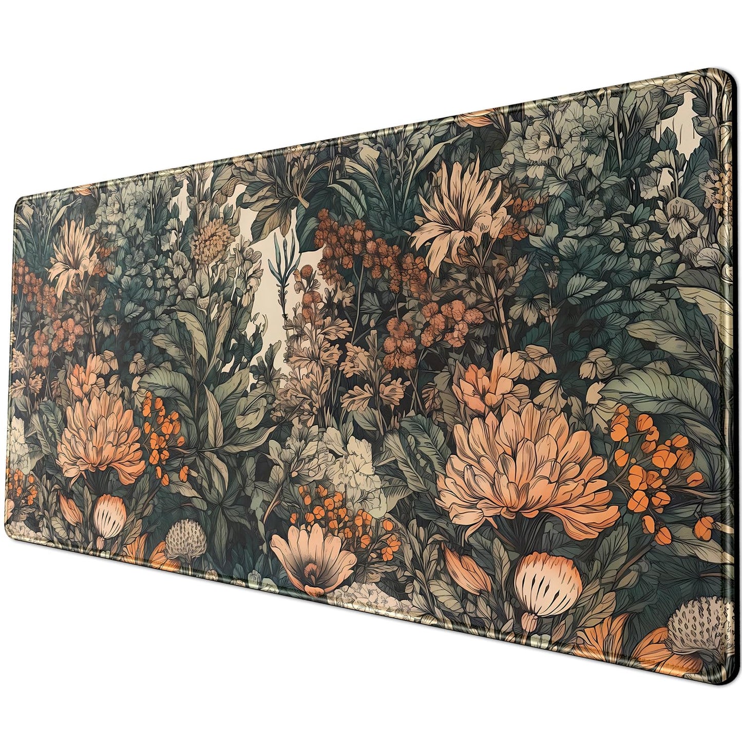 Flower Vintage Desk Pad Aesthetic Desk Mat Flower Mouse Pad Computer Big Mousepad Non-Slip Base Gaming Keyboard Giant Mouse Pad Computer Mat for Laptop Office with Stitched Eges 31.5x11.8 in
