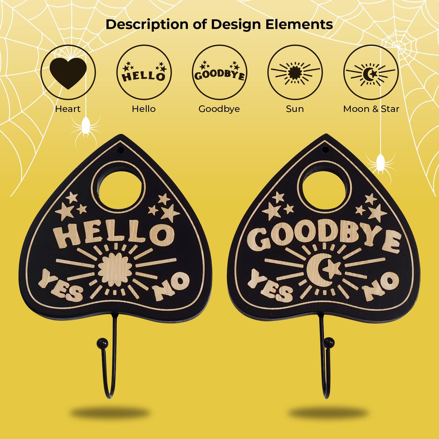 Ella & Emma Wall Mounted Coffin-Shaped Key Holder - Planchette/Hamsa Hand Key Holder, Gothic Home Decor Wall Hanger with Hook -Spooky Halloween Decor for Home - 2 Pieces (Planchette)