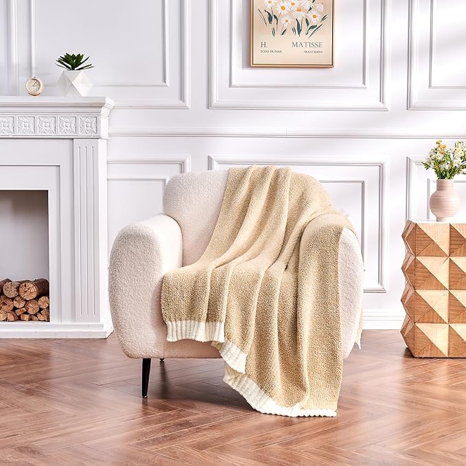 CozeCube Melange Blanket, Ultra Soft Khaki Tan and White Throw Blanket, Warm Cozy Knit Fuzzy Plush Reversible Throw for Couch Bed Sofa, 50"x60"