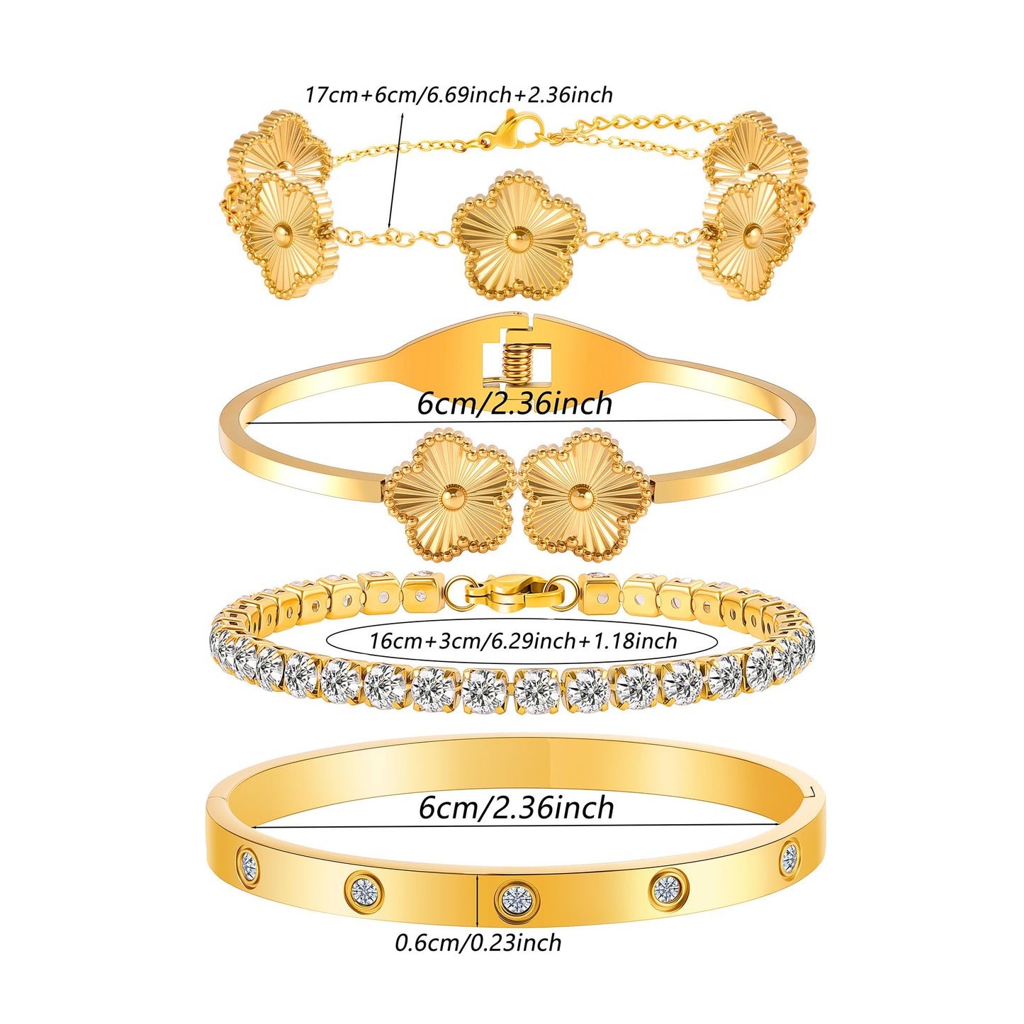 ISELBDR 18K Gold Plated Clover Bangle Bracelet Set for Women Stackable Adjustable Tennis Bracelet Non Tarnish Gift Jewelry for Christmas Valentines Birthday Mother's Day