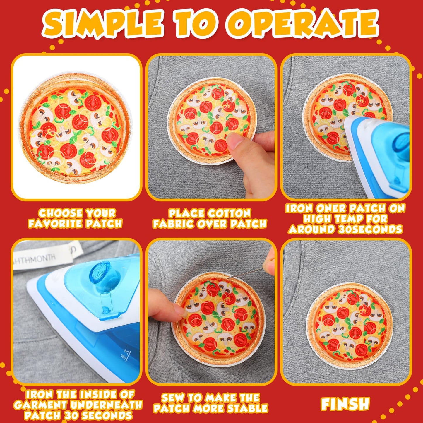 Tigeen 48 Pcs Pizza Iron on Patches Cute Pizza Bulk Embroidered Patches for Hats Clothes Repair Kit Sew on Applique DIY Accessory for Backpack Pants Jeans