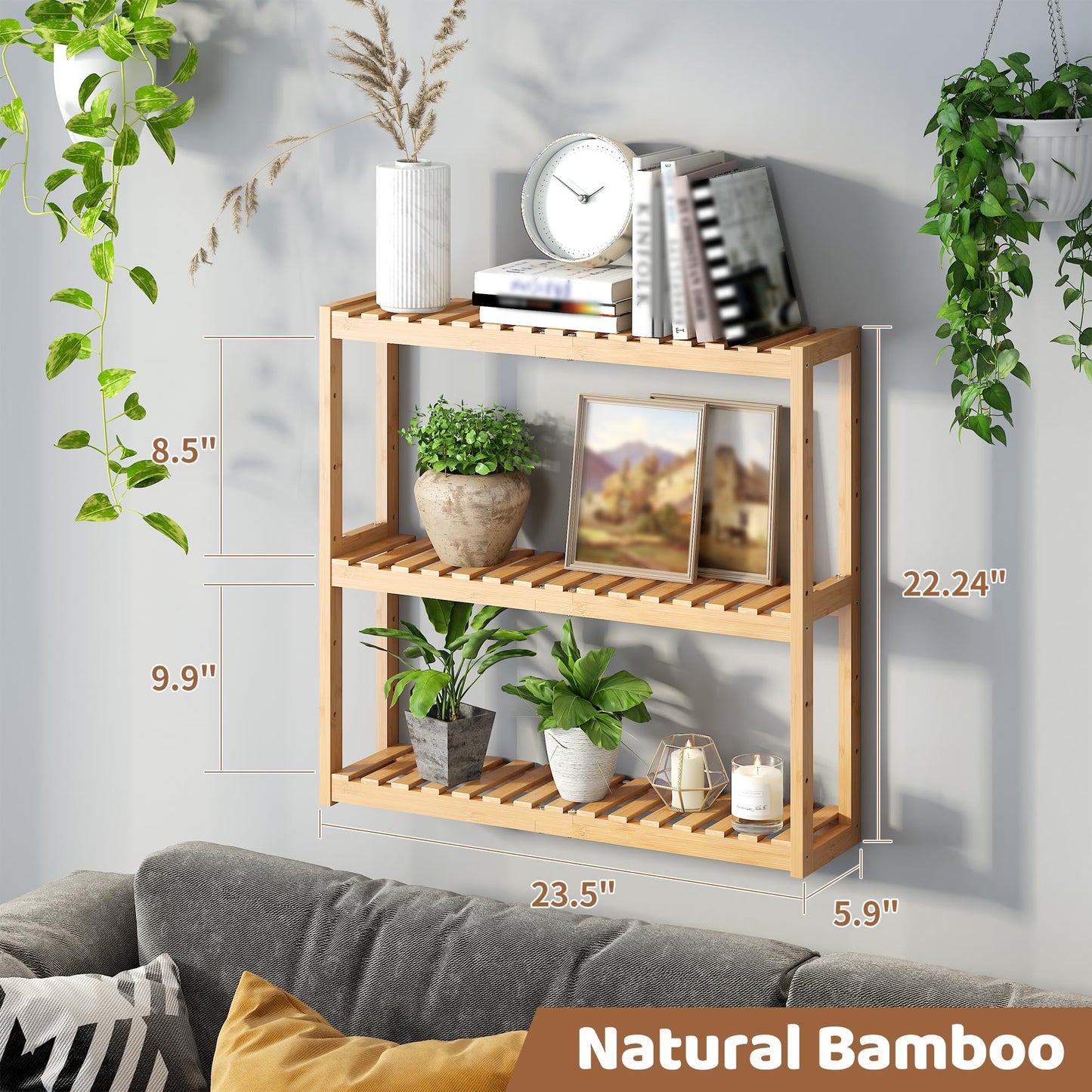 FILWH Bamboo Organizer Rack - Adjustable 3-Tier Storage Shelf, Wall Mounted or Over The Toilet, Living Room, Kitchen (Natural)