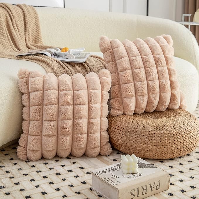 Neelvin Camel Faux Fur Cozy Soft Plaid Decorative Throw Pillow Covers 26x26 inch Set of 2,Velvet Pillowcase Cushion Case for Sofa Couch