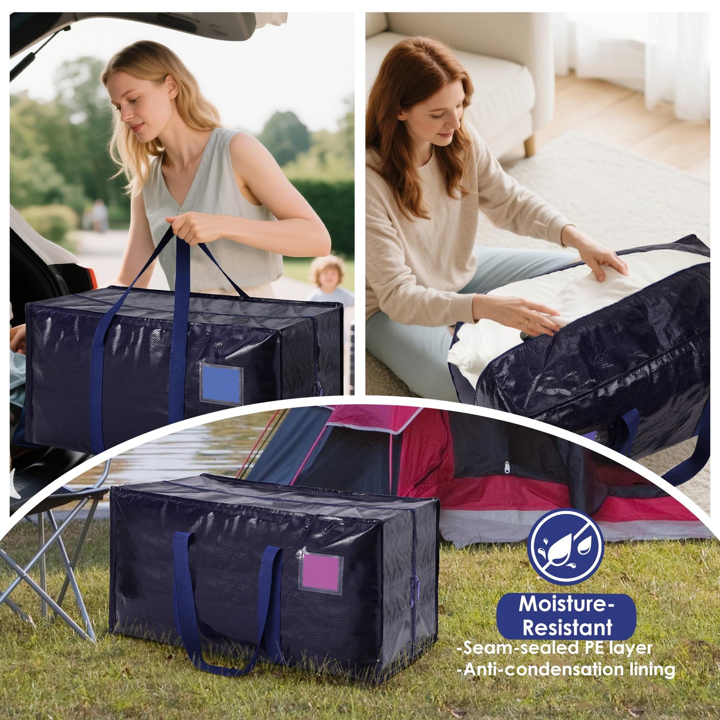 RMOHRO 6 Pack Moving Bags Heavy Duty 210GSM with Full-Open Side Zipper, 93L 65lbs Waterproof Foldable Storage Totes for College Dorm Move-In, Moving Boxes Alternative & Home Organization, Blue