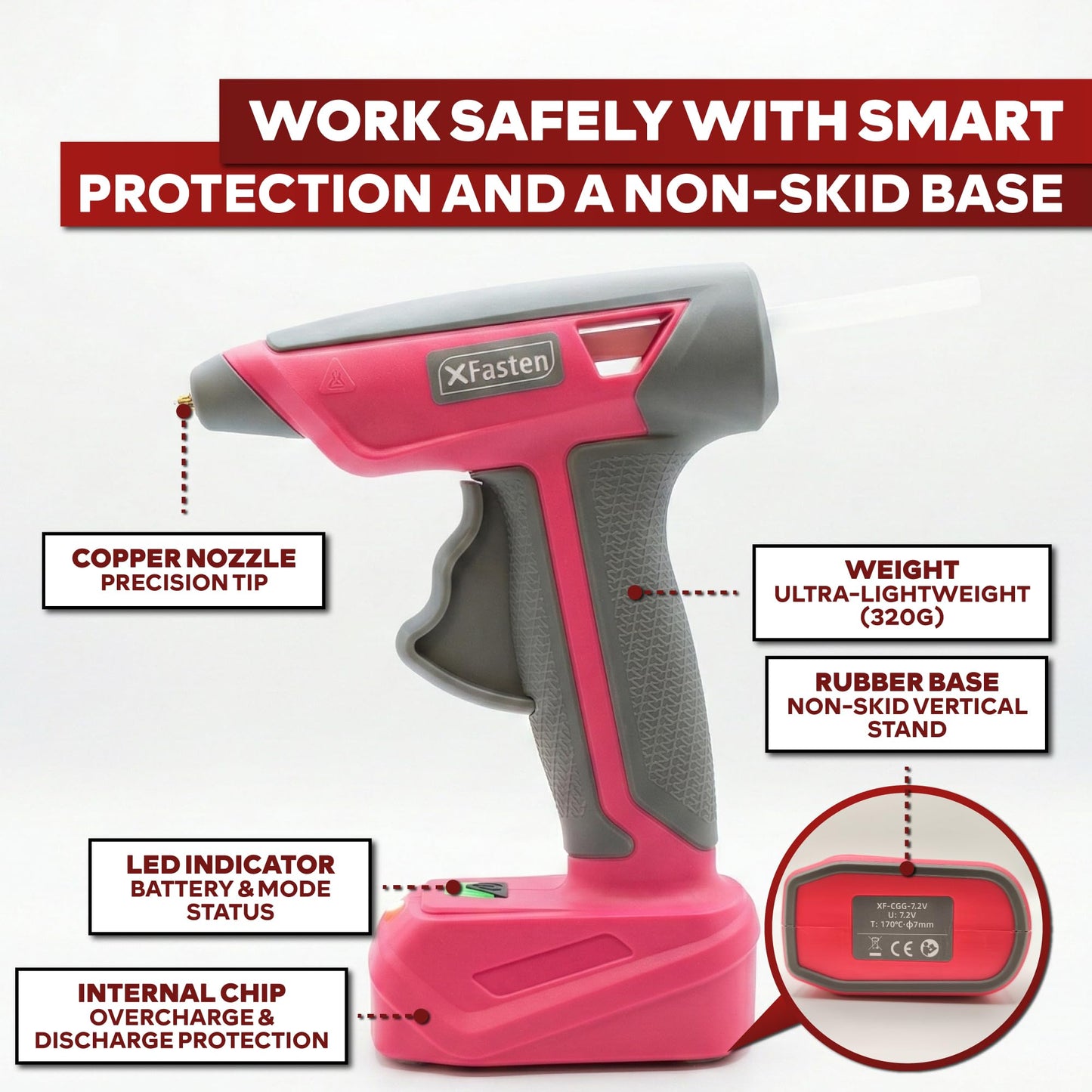 XFasten Pink Cordless Hot Glue Gun and Sticks Set, USB-C Rechargeable with 7.2V Battery, 15s Fast Preheating with 20 Pcs Crystal Clear Mini Glue Sticks and Silicone Mat for Crafts DIY Home Repairs