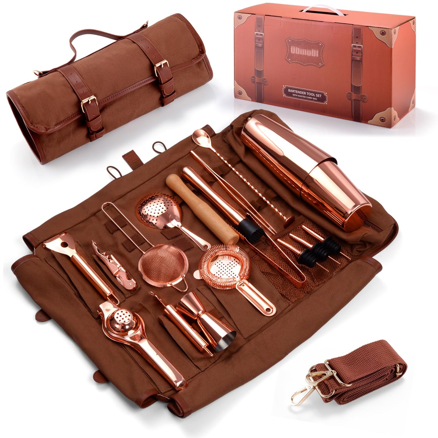 Eligara Bartender Kit Bag, 17-Piece Copper Bar Tool Set Cocktail Shaker Set with All Practical Bar Accessories, Portable Travel Cocktail Set with Shoulder Strap for Bartenders, Parties, Camping Trips