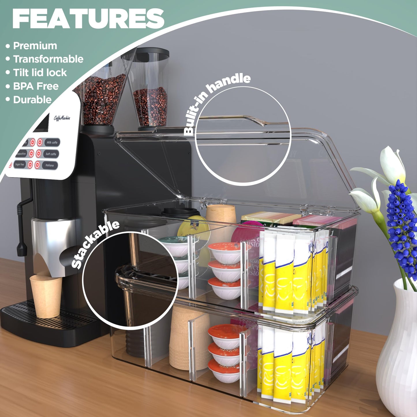 Utopia Home - Tea Bag Organizer With Lids, Clear Pantry Storage Box - (3 Pack) Stackable Partition Organizers or Holder With Lids For Drawers, Countertops, Fridge, Kitchen, Snack & Spice Organization