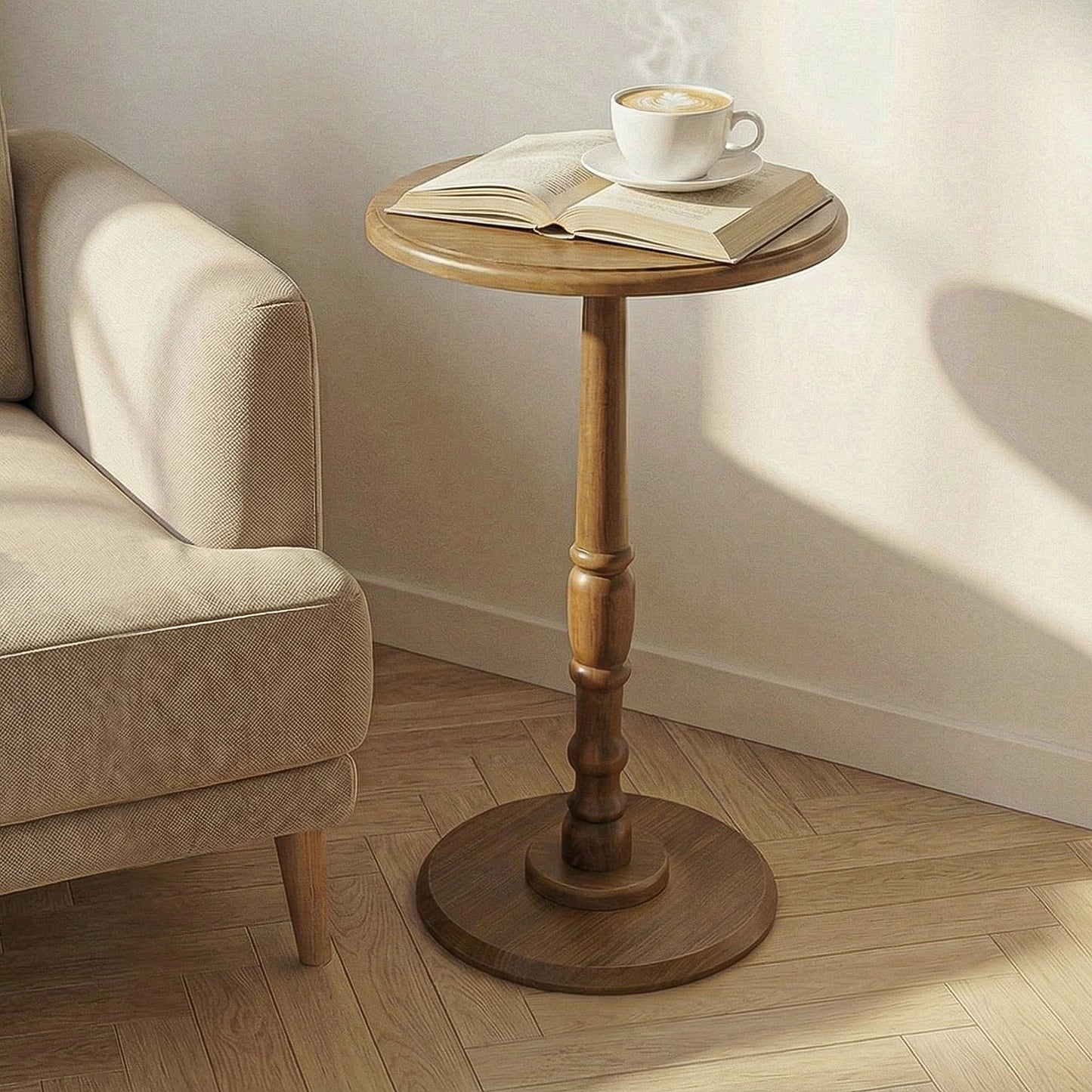 Small Side Table Living Room, Brown Round Corner Table for Small Spaces Set of 2, Coffee Table with Solid Wood Pedestal Accent for Living Room, Corners, Bedroom, Bean Bag, Sofa Couch