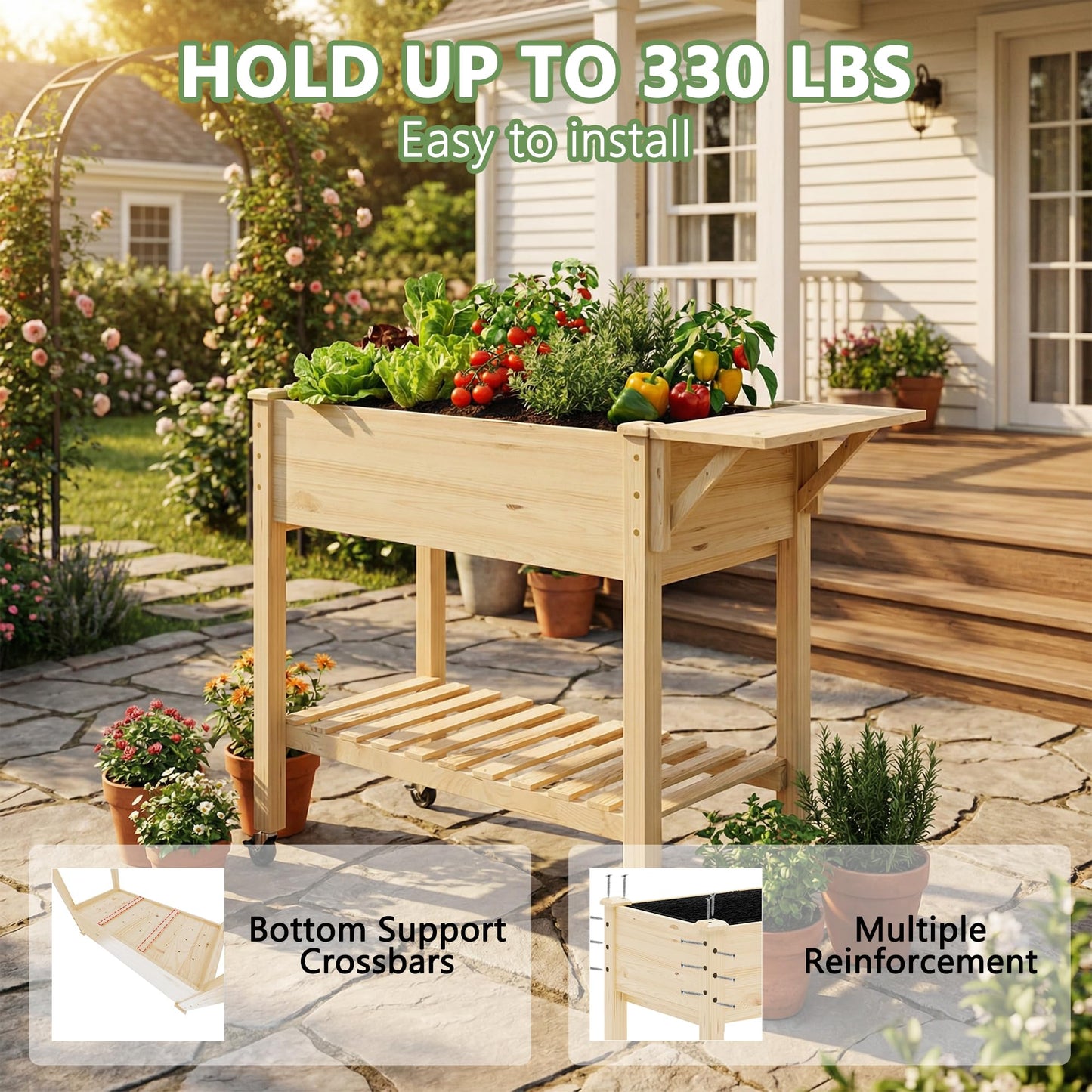 Cakhdry Raised Garden Bed with Legs and Wheels, Self-Watering System, 34x18x30in Elevated Planter Box with Storage Shelf & Liner for Flowers Vegetables Herbs, Raised Bed for Outdoor/Balcony/Patio