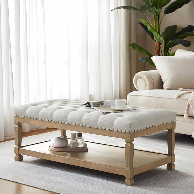 48" Coffee Tables for Living Room, Oversized Storage Ottoman Coffee Table, Fabric Tufted Ottomans, Upholstered Storage Ottoman Bench for Bedroom, Entryway (Beige)