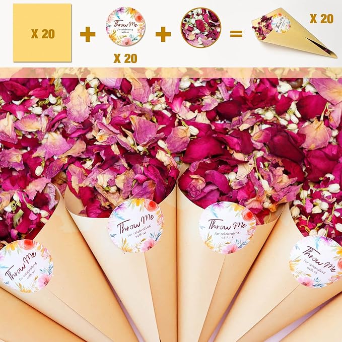 20+ Cups Mix Real Rose Petals Biodegradable Wedding Confetti, 2 QT of Pink Red Flower Jasmine for Ctaft Proposal Party Decor Flower Girls, Bath salt Candle Soap Making