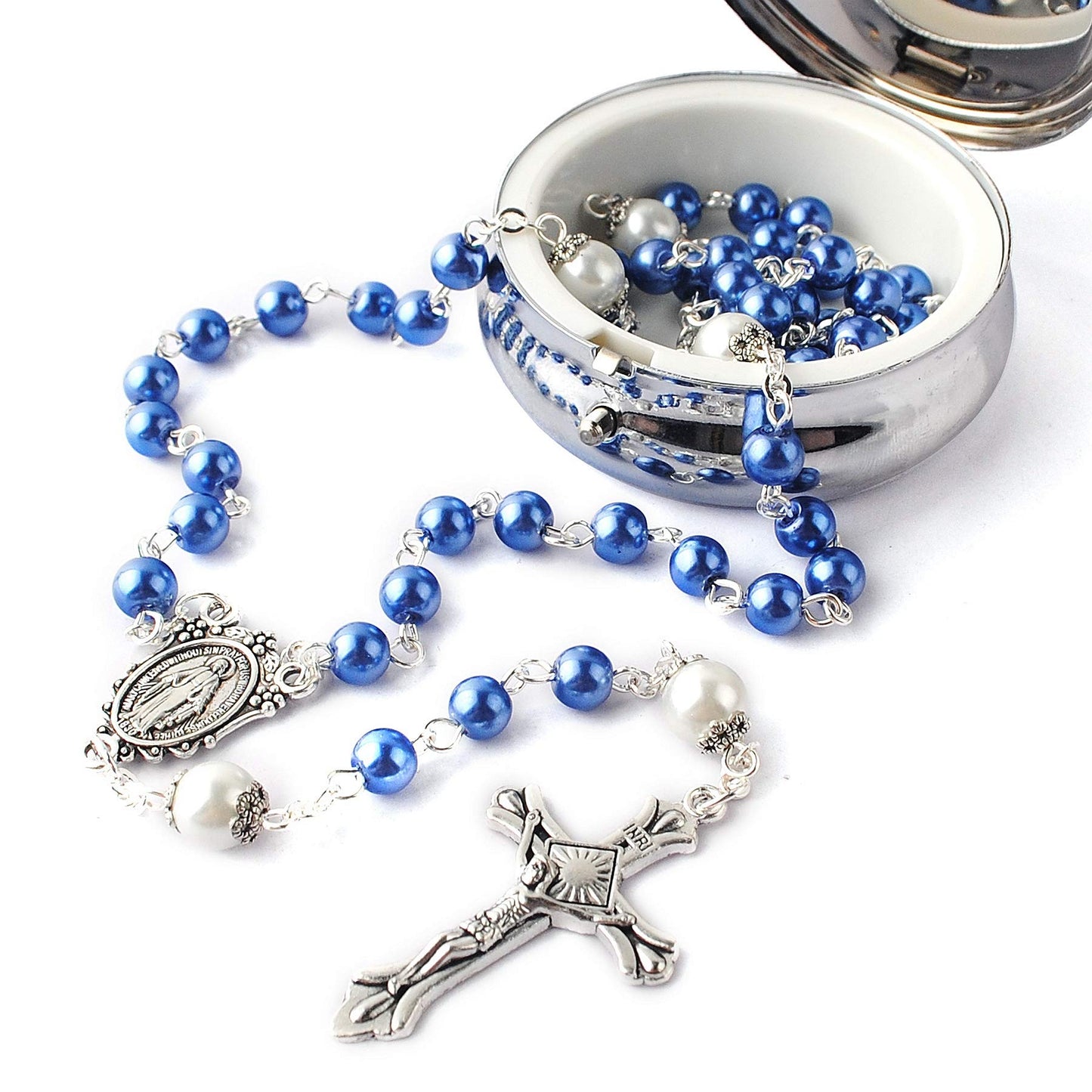 HanlinCC 6mm Glass Pearl Beads with 8mm Our Father Beads with Caps Rosary Necklace Pack in Miraculous Metal Gift Box (Blue Rosary with Miraculous Gift Box)