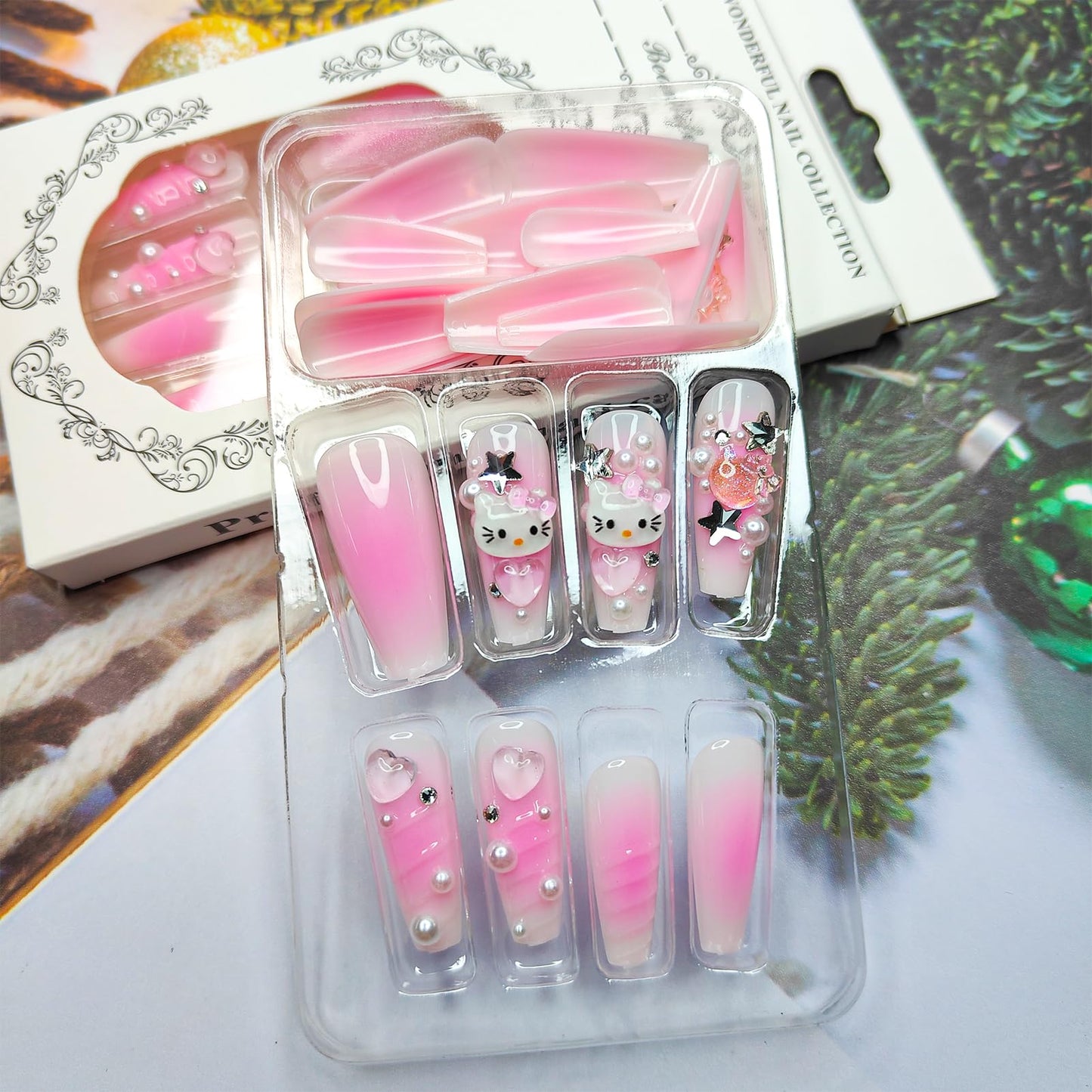 PDFADSK Pink Press on Nails Long Square Coffin Fake Nails Cartoon False Nails with 3D Pearl Nail Charms Design Acrylic Nails Full Cover Pink Artificial Nail for Women 24Pcs