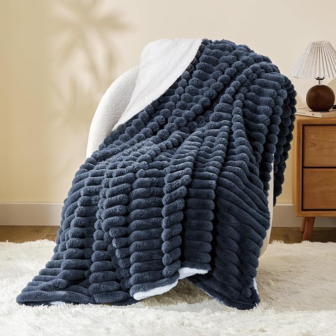 INFIIXSO Sherpa Throw Blanket for Couch - Super Soft & Warm Striped Fleece Blanket, Cozy Plush Fluffy Blanket All Season Use (Navy Blue, 50x60 Inches)