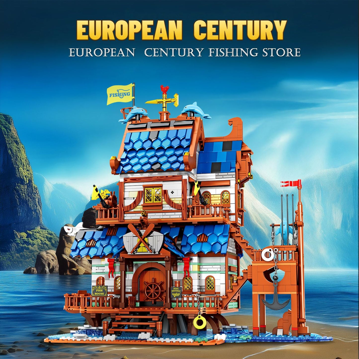 Reobrix Medieval Fishing Store Lighting Building Block Sets for Adults, Medieval Architecture Display or Home Office Decor, Creative Construction Building Kits 66007, Idea Gift for Adults