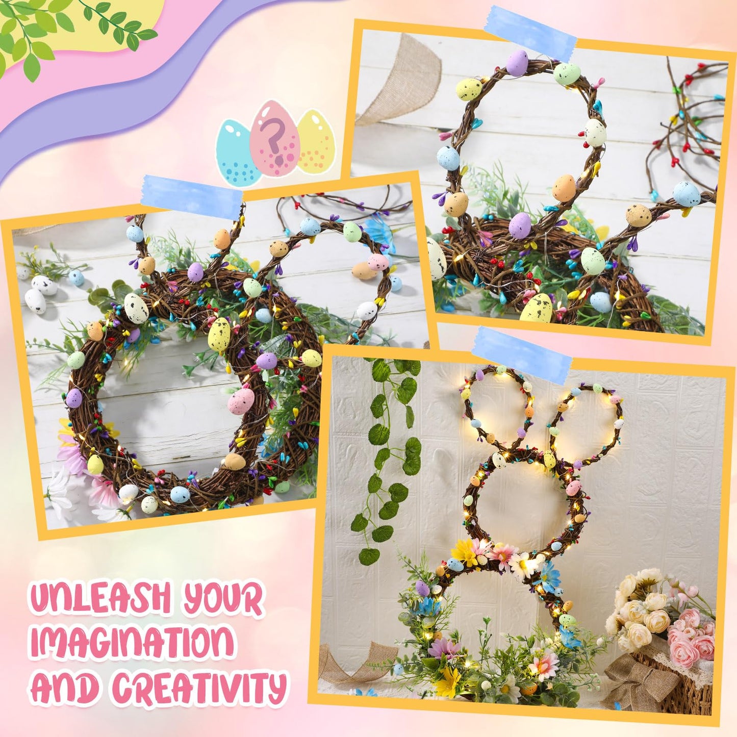 Hotop 111 Pcs Easter Wreath DIY Decorations Kits Included 24 Inch Bunny Shaped Grapevine Wreath Artificial Flowers Eggs Leaves Berry and Vines for Easter DIY Crafts Front Door Wall Decor