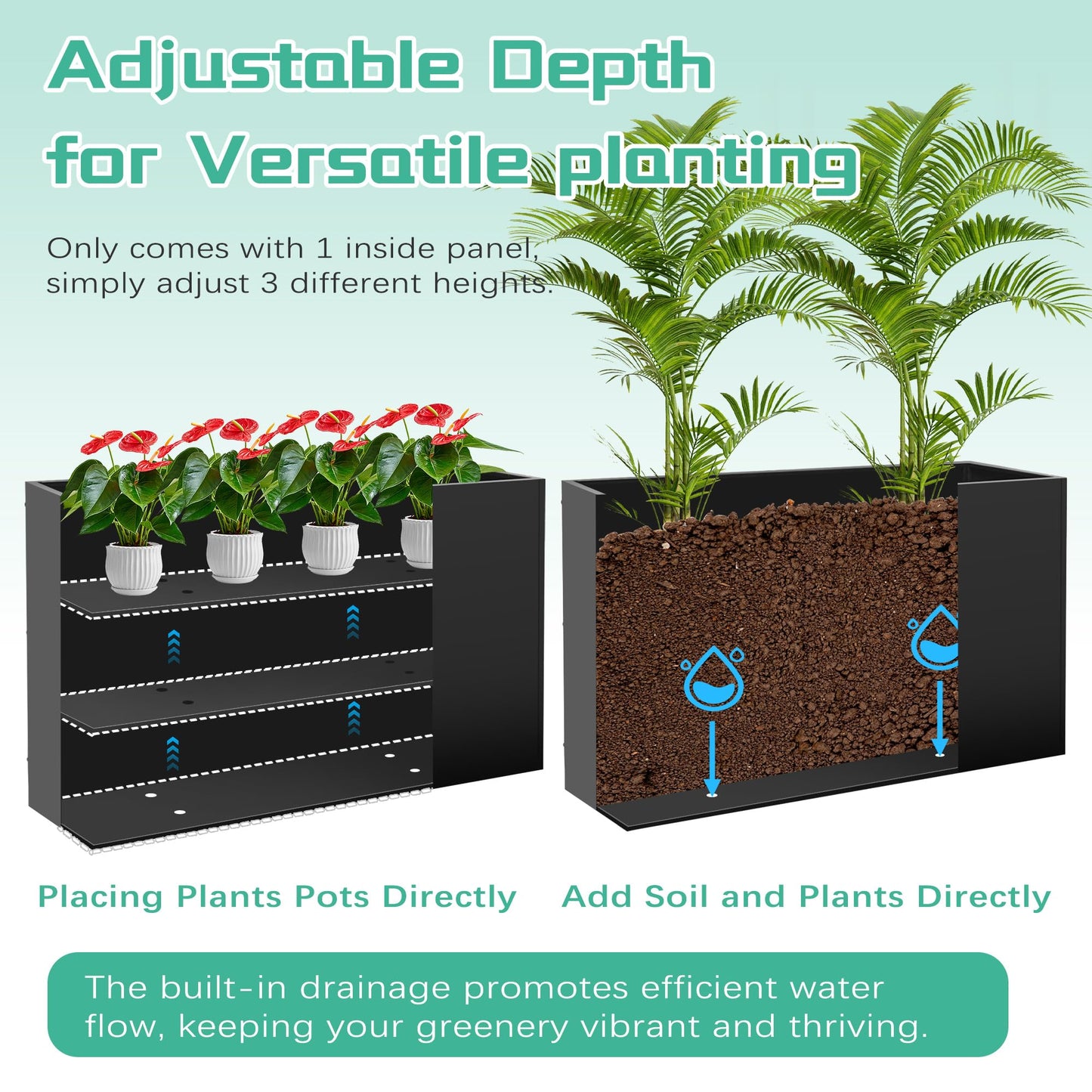 Metal Rectangular Planter Box, 38''L x16''Wx20''H Planter Boxes Outdoor Heavy Duty, Rectangular 3 Tier Adjustable Height Outdoor Galvanized Steel Plant Box, Garden Planter for Plants and Flowers