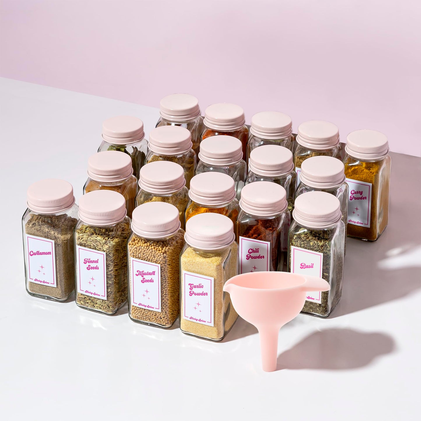 Paris Hilton Glass Spice Jar Storage Set, 4-Ounce Empty Spice Jars with Labels, Shaker Caps and Metal Lids, Collapsible Funnel Included, 20-Piece, Pink