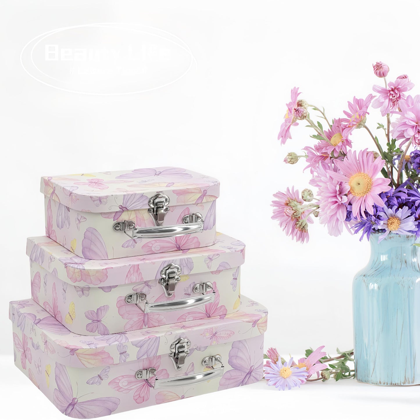 Amedoo Paperboard Suitcases Set of 3 Decorative Storage Boxes with Lids, Mini Suitcases, Cute Boxes (Butterfly)