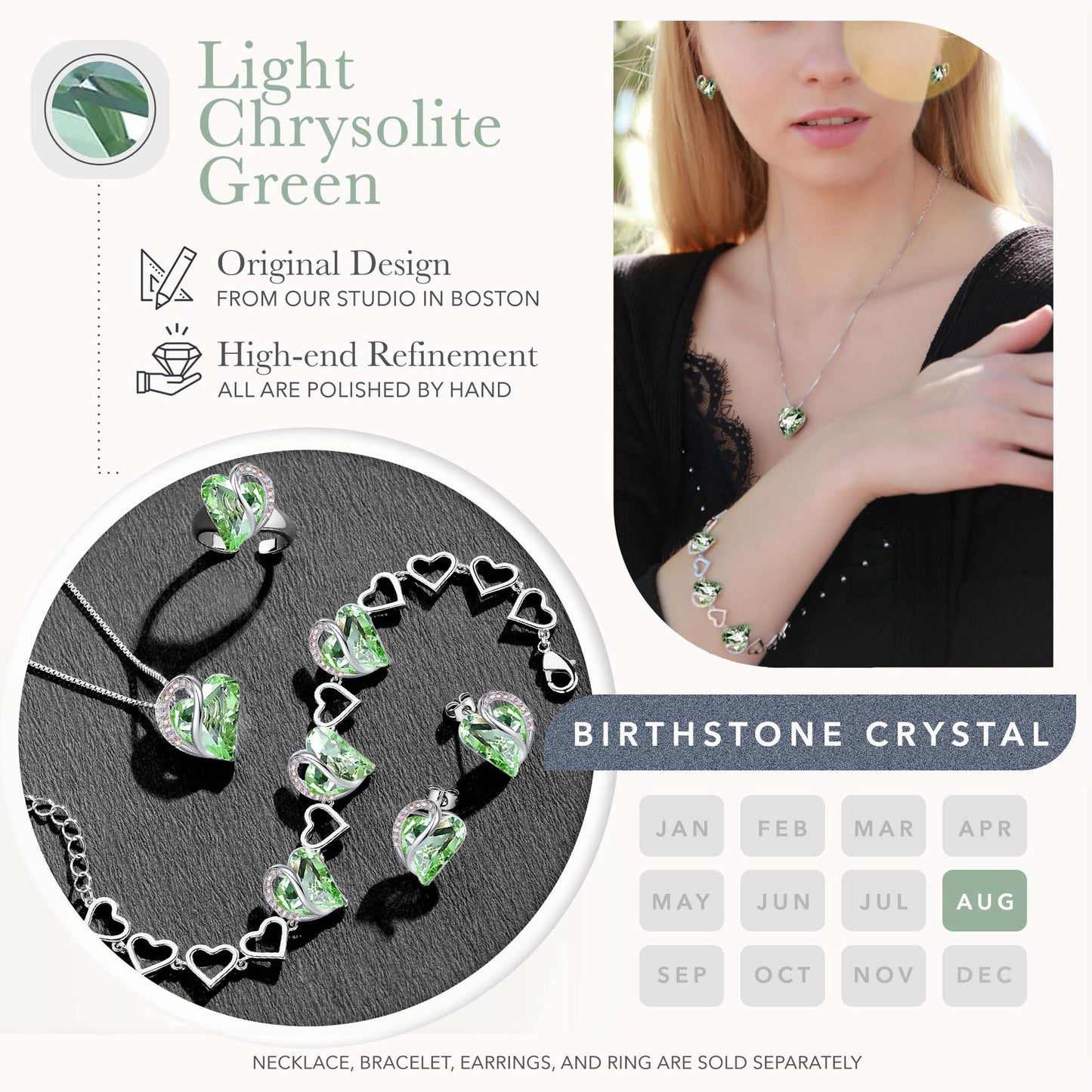 Leafael Infinity Love Heart Gift Bracelet for Women, August Birthstone Crystal, Light Chrysolite Green, Silver Tone, 7-inch Chain and 2-inch Extender