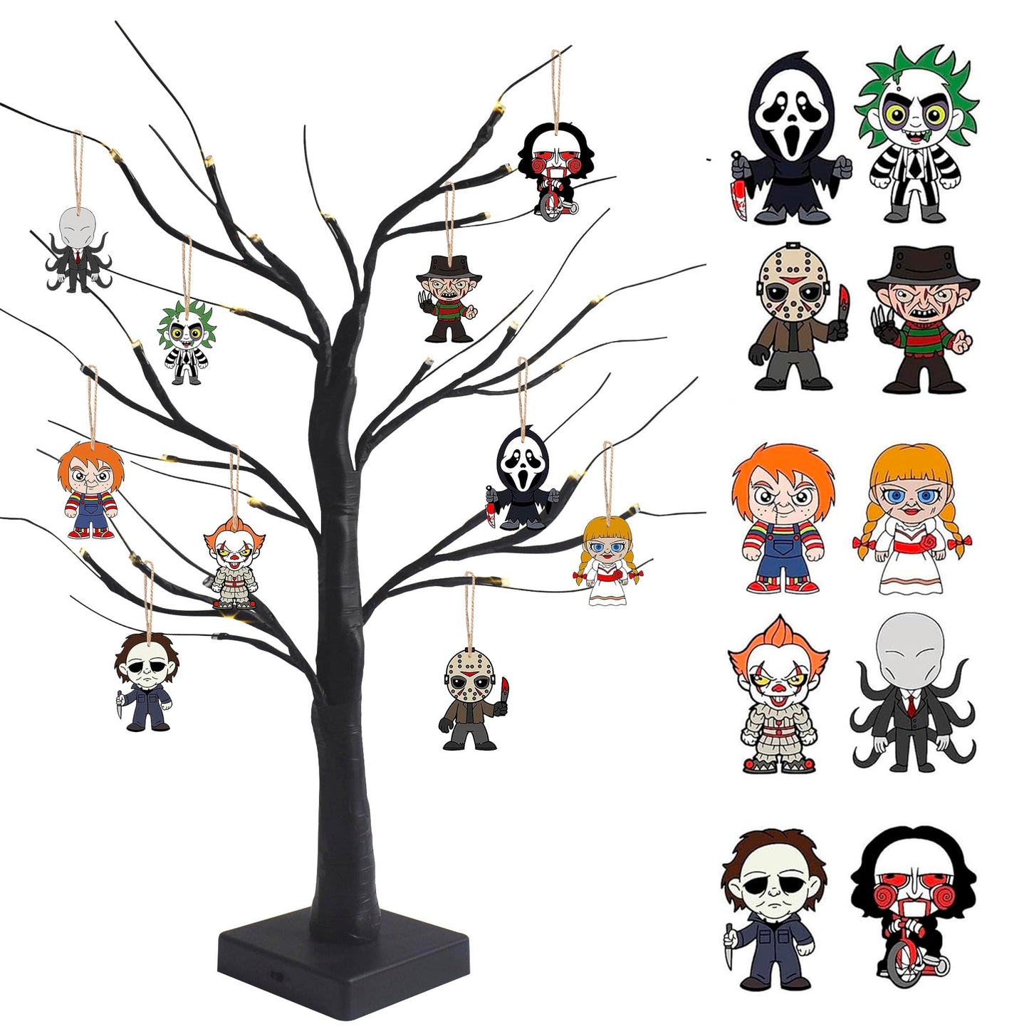 BIGSPINACH Black Halloween Tree with LED Lights and Spooky Wooden Hanging Ornaments Horror Movie Ornaments, Light Up Halloween Decor