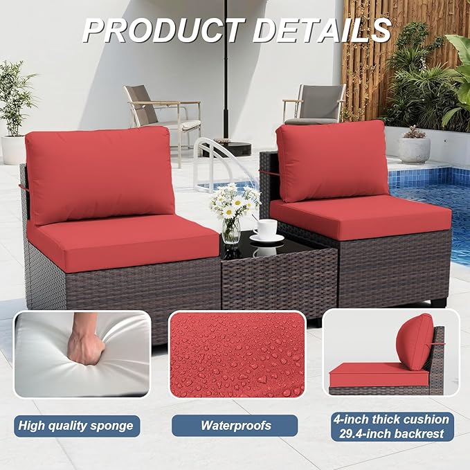 ALAULM Patio Furniture Set with Coffee Table, 9 Pieces Outdoor Sectional with Wide Seat and Thick Cushion, All Weather Wicker Rattan Conversation Set for Backyard, Garden, Deck, Red
