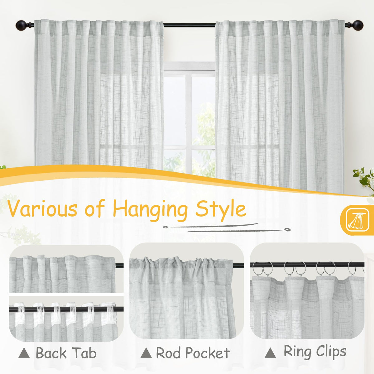Light Grey Linen Curtains 63 Inch Length for Living Room (2 Count)