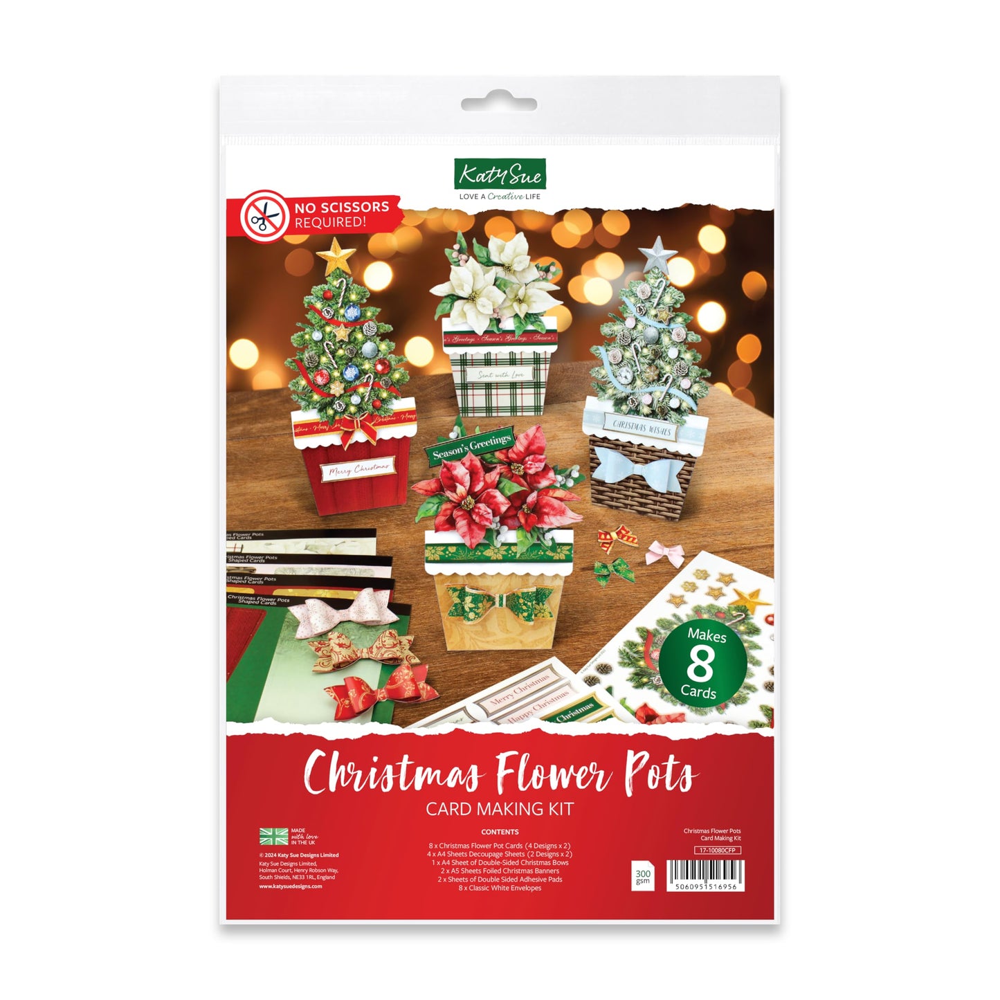 Katy Sue Christmas Flower Pots Card Making Kit. Contains 8 x 300 GSM Cards, Envelopes, 3D Die-Cut Decoupage, Paper Bows, Sticky Foam Pads & 2 Sheets of Christmas Sentiment Banners