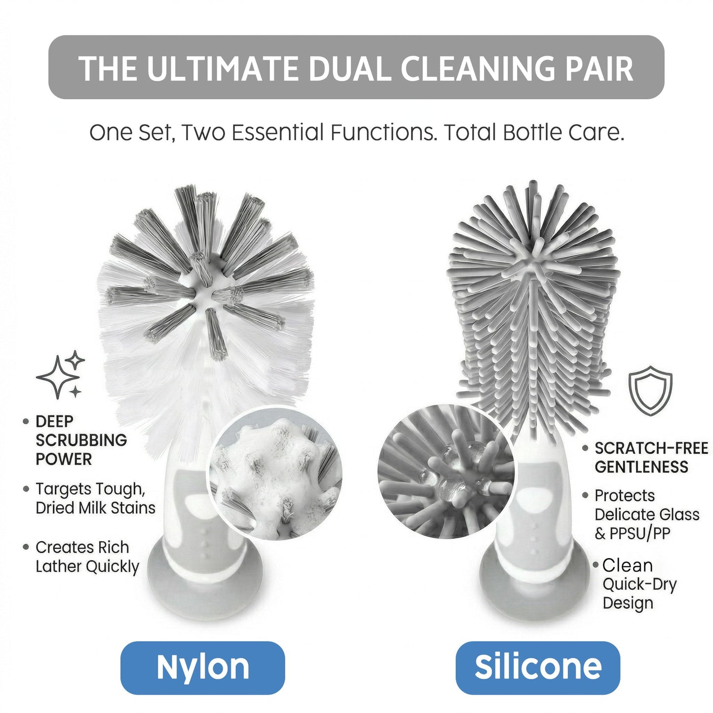 Ariseno 5-in-1 Baby Bottle Cleaner Set, Including Nylon & Silicone Bottle Brush, Cap, Straw & Nipple Brushes, BPA-Free (Grey)