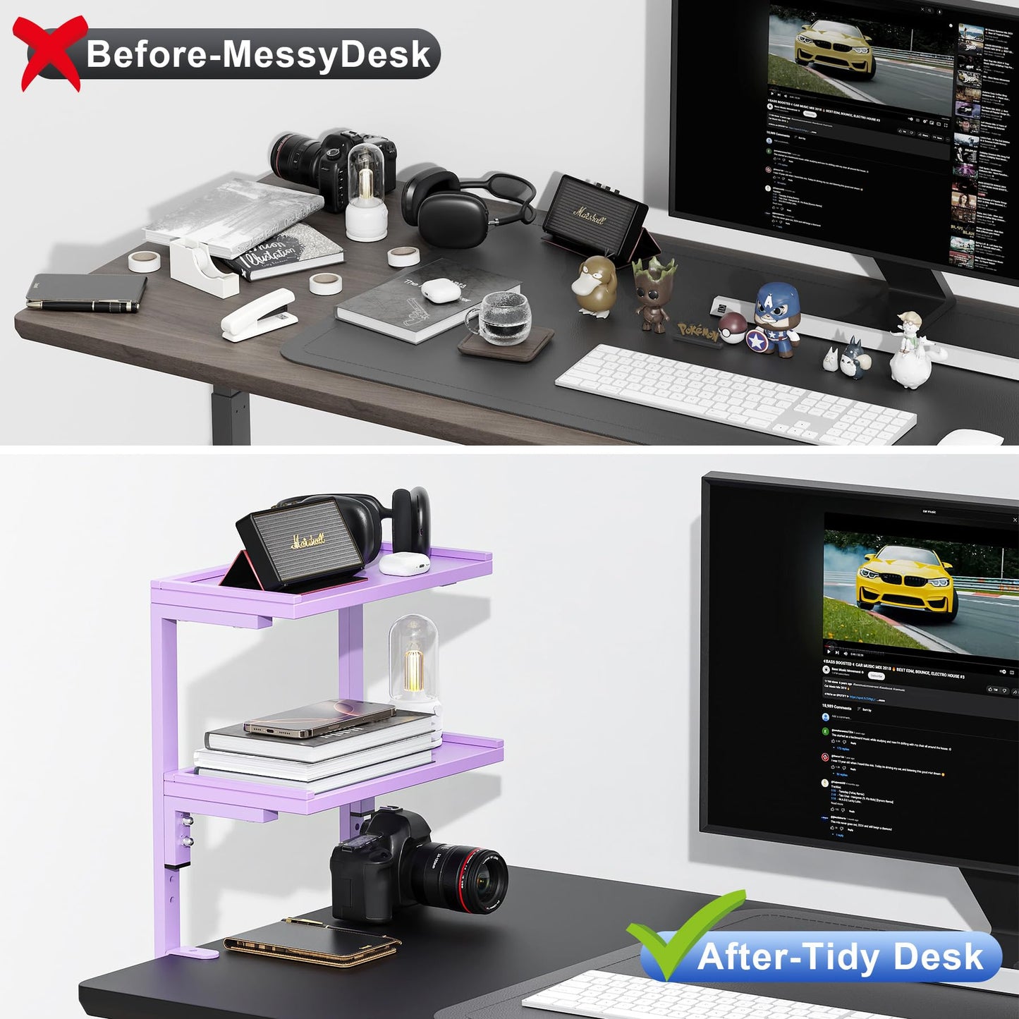 OUTIOE 2-Tier Desk Shelf, Expandable Under Desk Storage, Clamp on Desk Shelf, Desktop Accessories for Offices, Study Rooms, and Game Rooms (Purple)
