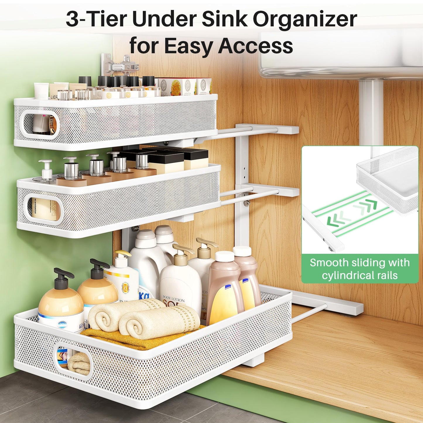 Kitstorack Under Sink Organizer, 2-Pack 3-Tier Height Adjustable Thickened Metal Pull out Cabinet Organizer Shelf, Slide out Storage Drawer Rack for Bathroom Kitchen Pantry Home Laundry Organization
