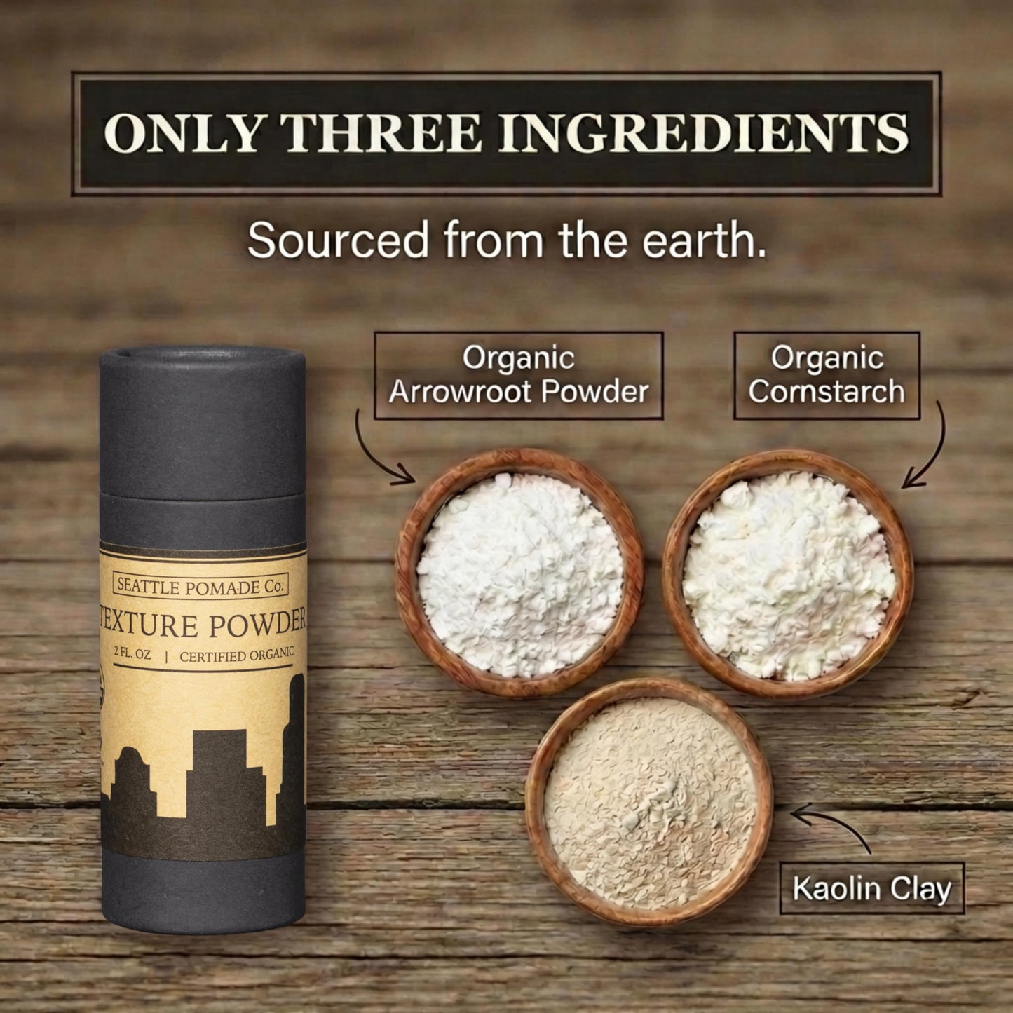 Seattle Pomade Co. Organic Based Texture Powder for Men. Creates Volume and Lift with organic materials. Fragrance Free. Globally sourced certified organic materials. Natural Hair Powder 2 oz NON-GMO