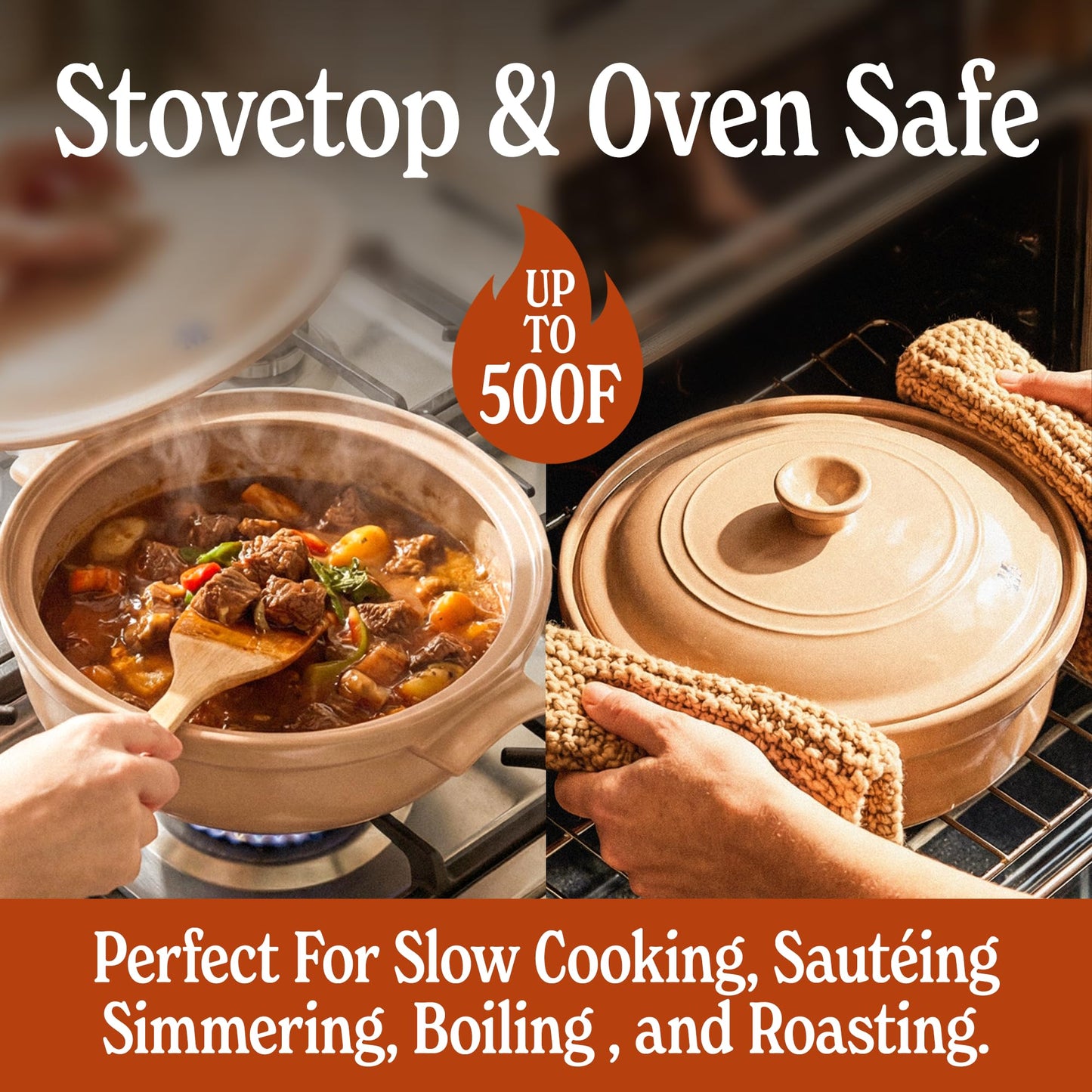 Magnifique 5 Quart Flami Pot with Lid, Natural Clay Pot for Cooking, Non-Toxic PFAS-Free Ceramic Casserole Dish for Oven & Stovetop, Dutch Oven Style for Slow Cooking, Baking & Serving, Brown Sugar