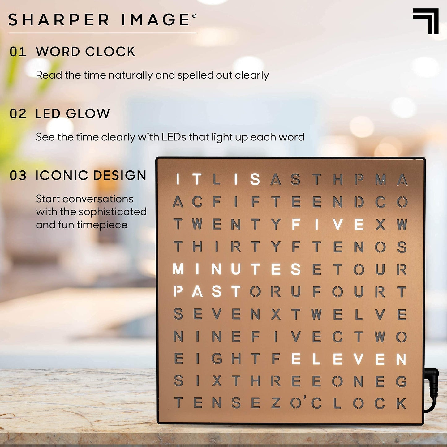 Sharper Image LED Word Digital Clock, 7.75", Copper Finish, Light-Up Desk & Wall Clock, Modern Time Display, Shelf or Wall Decor for Home Office, Living Room, Kitchen & Bedroom, Housewarming Gift