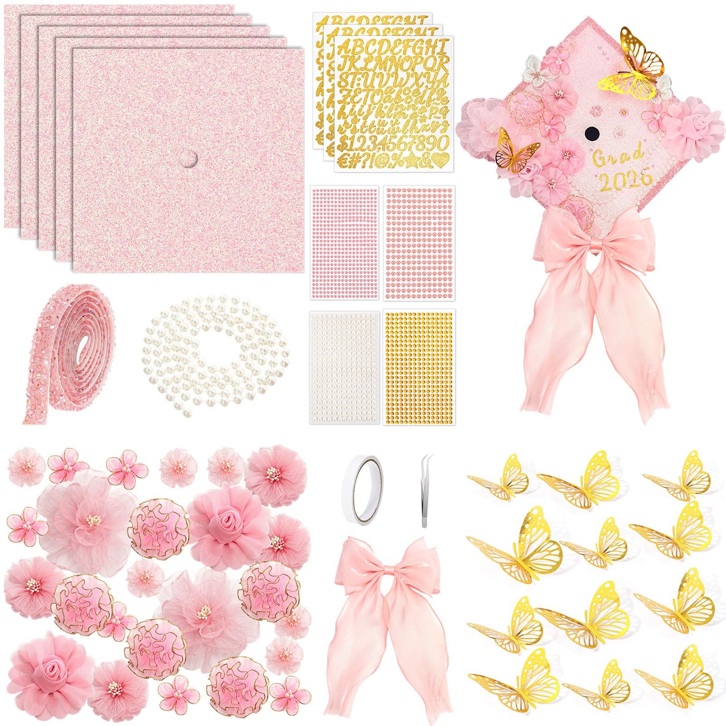 Wavwavw 58 Pcs DIY Graduation Cap Decorations Kit Grad Cap Decor Included Faux Flowers Bow Mesh 3D Butterfly Stickers, Adhesive Rhinestones, Glitter Letter Stickers, for 2026 Grad Party(Pink)