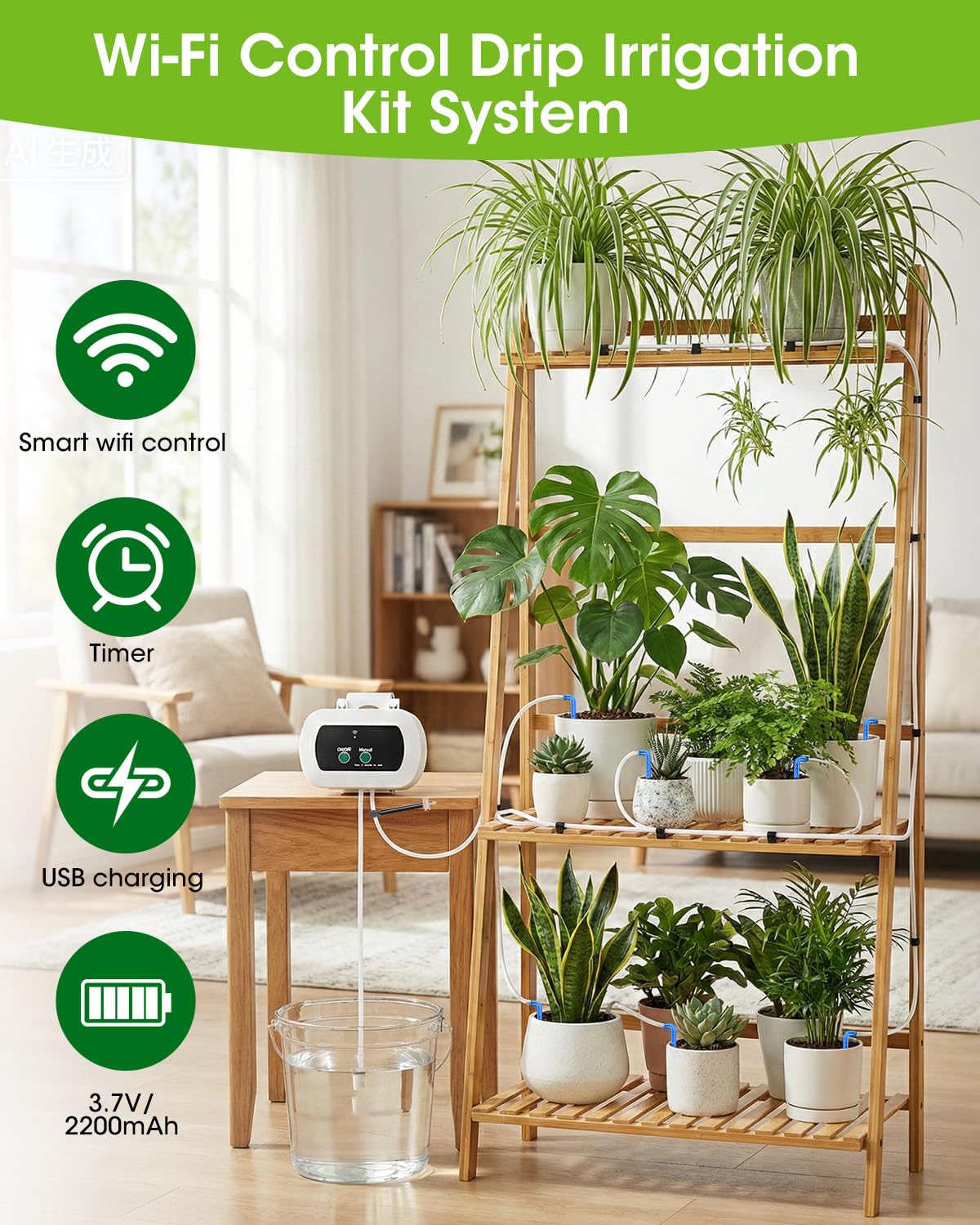 MQHUAYU Automatic Watering System for Potted Plants,[Wi-Fi & App Control] Smart Plant Watering Devices for Indoor Outdoor, Automatic Drip Irrigation System Device Kit-USB Charging,Water 10 Plants