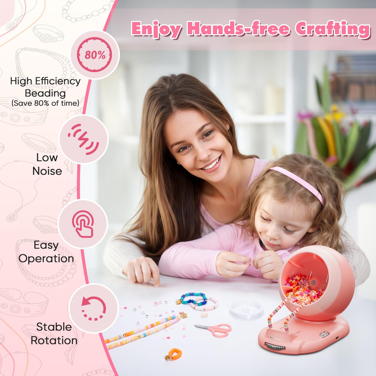 ETUDAW Bead Spinner, Rechargeable Electric Clay Bead Spinner Kit for Bracelet Making, Beginner Clay Beads Kit with Dual Needles and Adjustable Speed, Gift for Holidays, Birthdays (Pink)