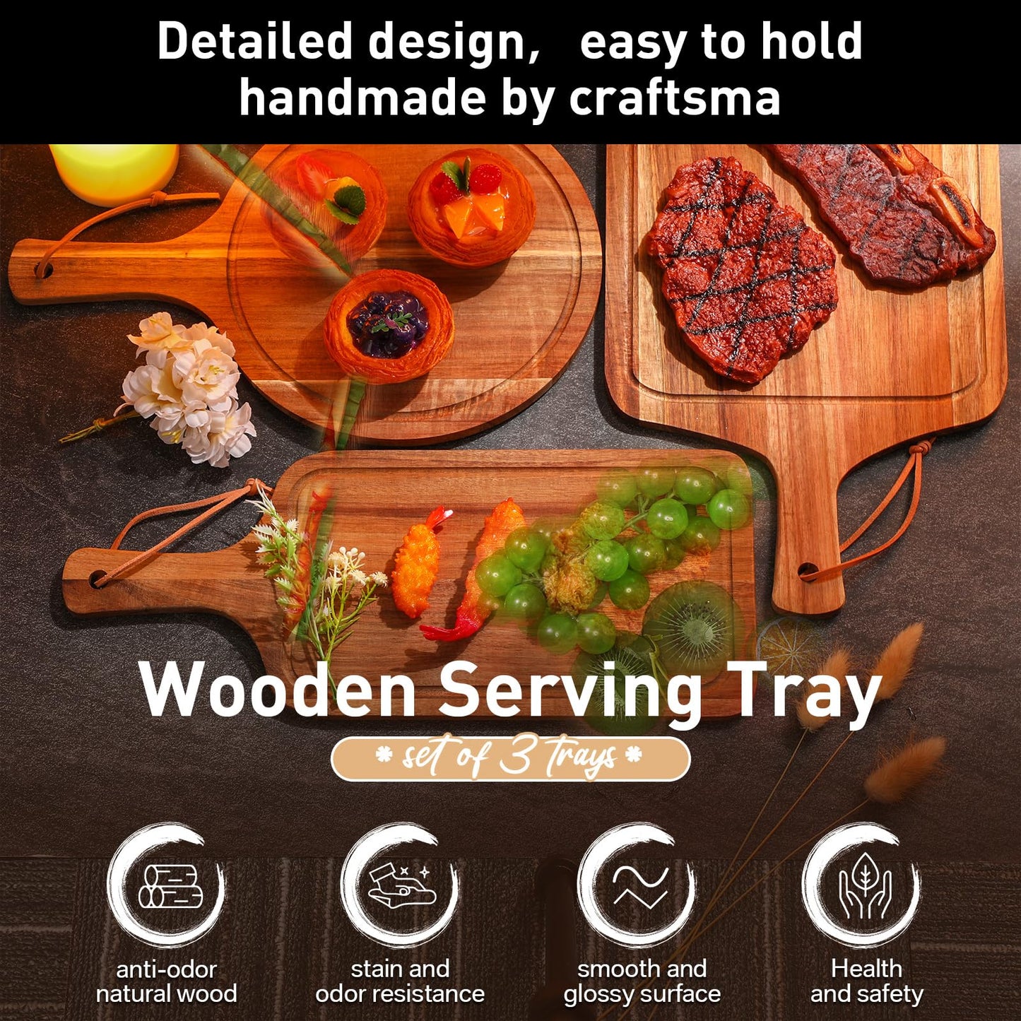 Kathfly 3 Pcs Mother's Day Acacia Wood Cutting Board Set with Handle Summer Wooden Charcuterie Cheese Board Hawaii Chopping Serving Tray Butter Pizza Serving Tray for Holiday Kitchen Gift, 3 Style