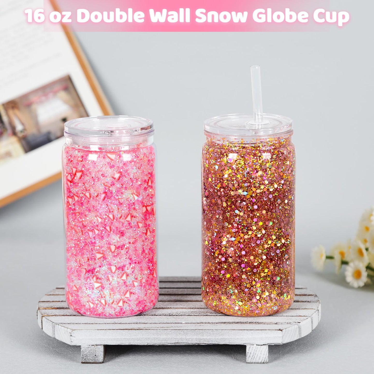 Tswofia 8 Pack Snow Globe Tumbler, 16 Oz Double Wall Plastic Can with Lid and Straw, Mason Jar Mug for Snow Globe Glitter DIY Gift (Clear)